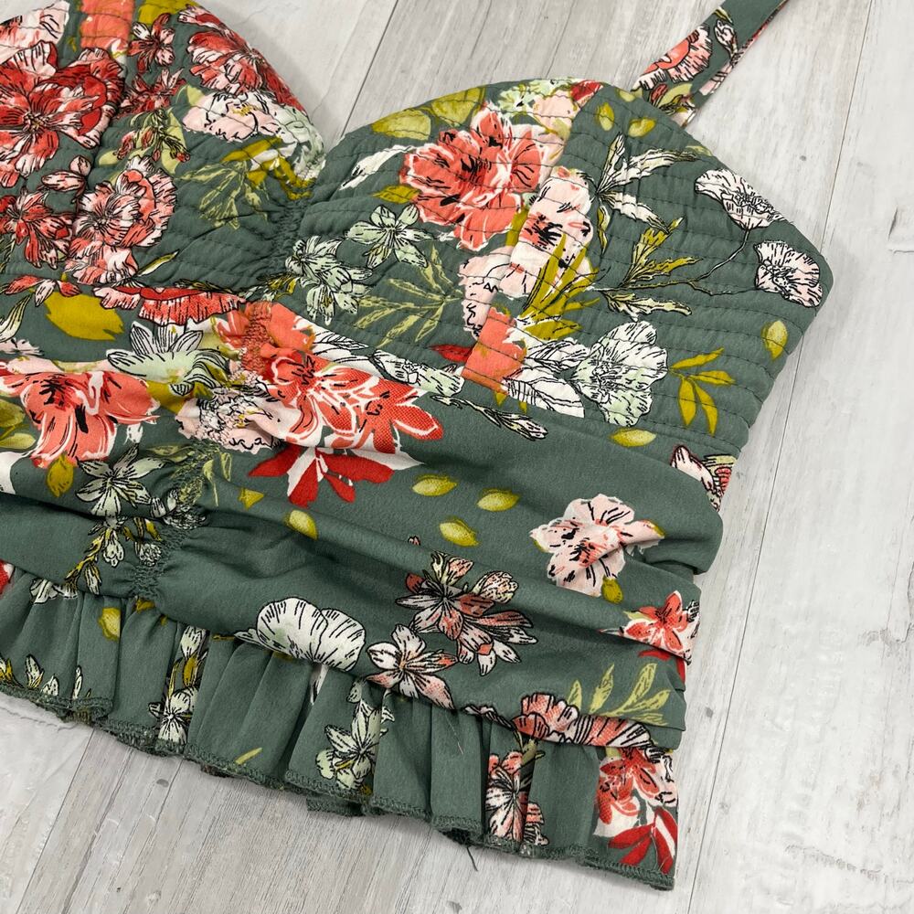 B.O.G. Collective Floral Ruched Smocked Ruffle Crop Adjustable Strap Tank Top - Picture 8 of 11